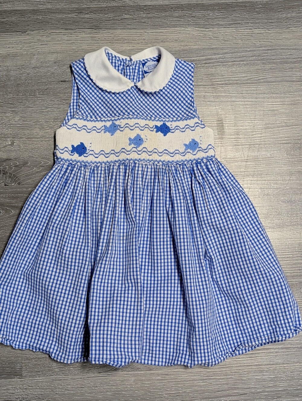 Carriage Boutique Smocked Dress Size 2T Fish Theme Waist Tie Blue Gingham